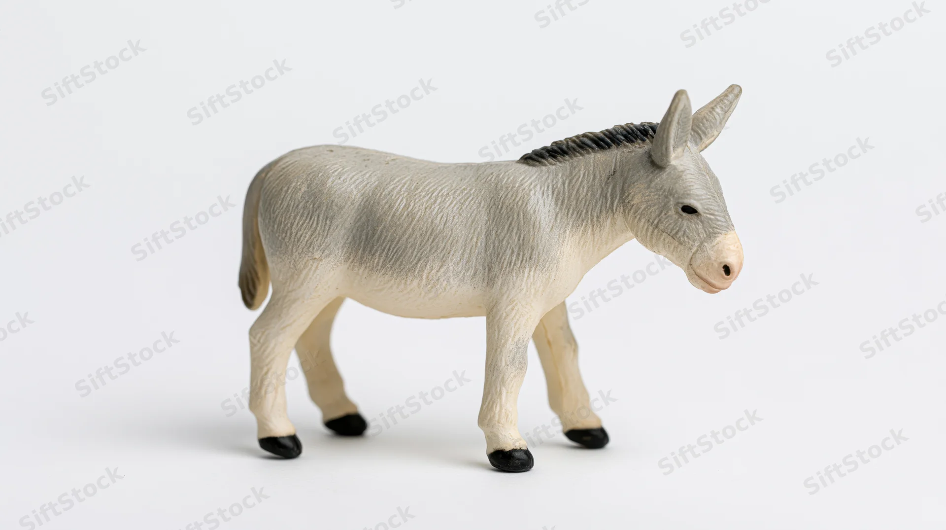 Small plastic donkey figurine standing in profile view isolated on white background