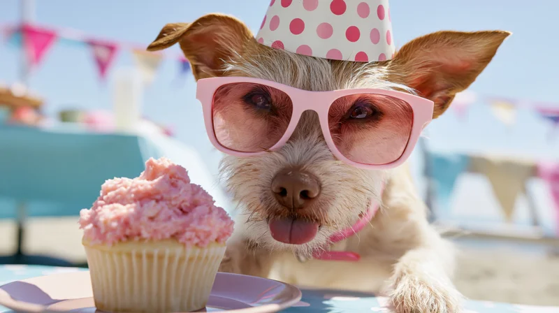 Small terrier mix wearing pink sunglasses and a polka-dot party hat, licking lips at a pink-frosted cupcake on a beach table with festive bunting in the background
