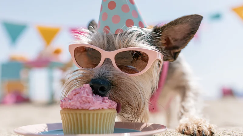 Small terrier mix wearing pink sunglasses and a polka-dot party hat eating a pink-frosted cupcake on a beach