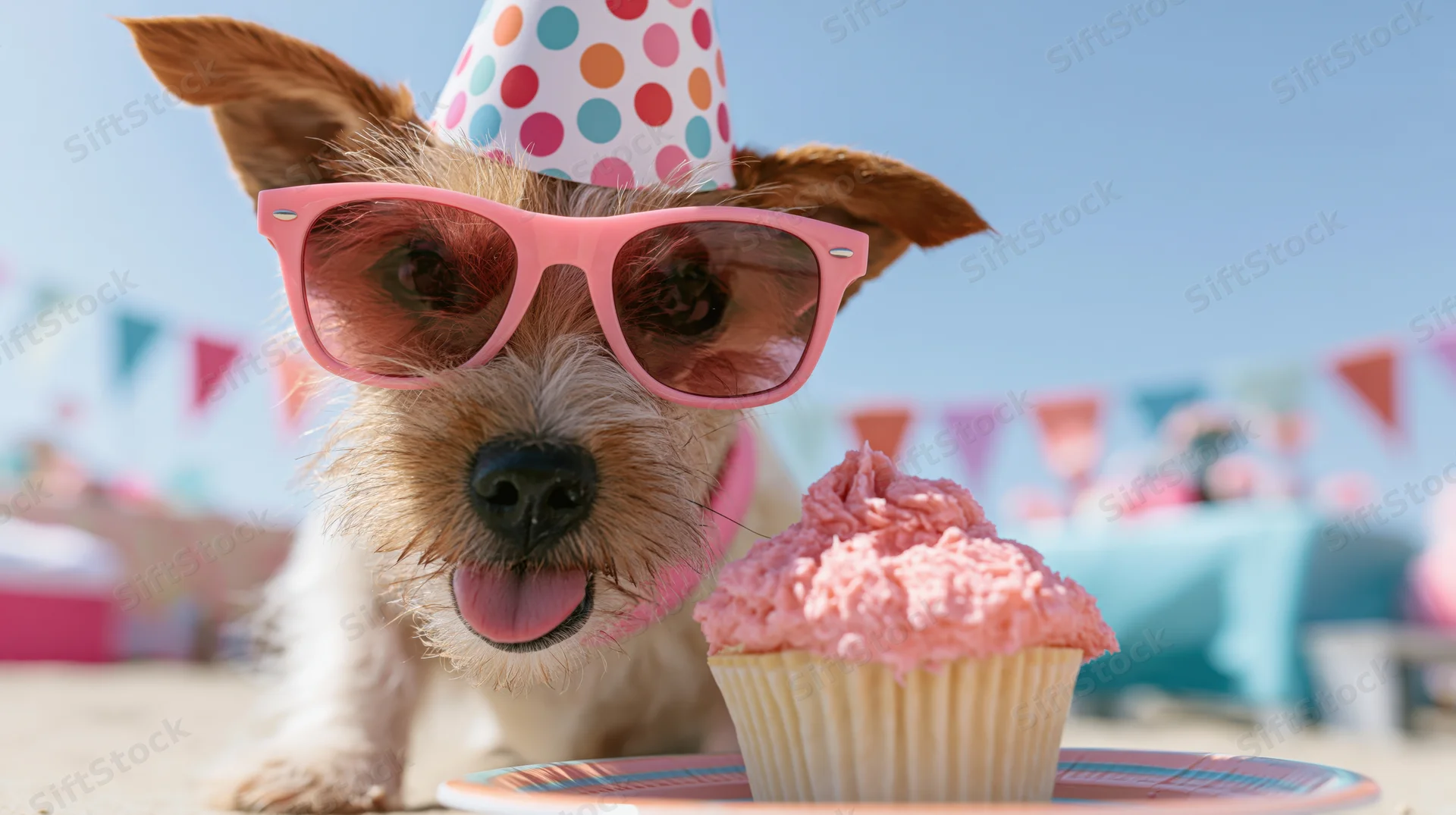 Small terrier mix wearing pink sunglasses and a polka-dot party hat, sitting beside a pink-frosted cupcake on a beach with festive bunting in the background