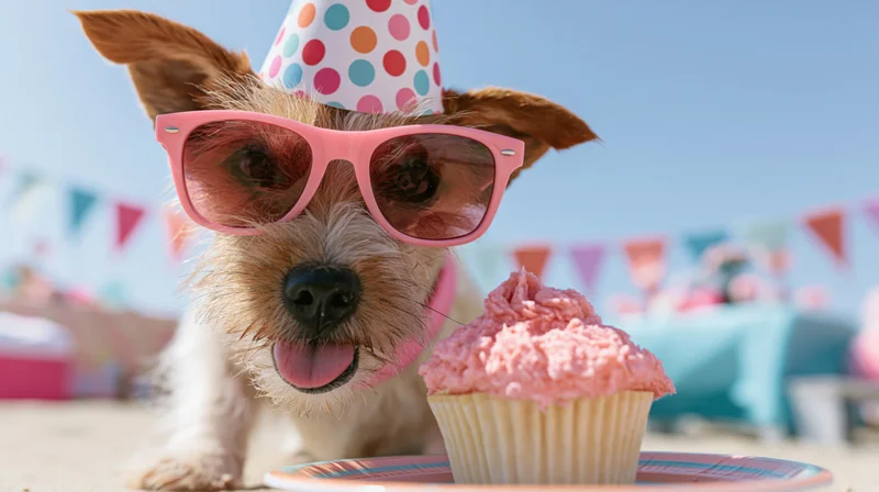 Small terrier mix wearing pink sunglasses and a polka-dot party hat, sitting beside a pink-frosted cupcake on a beach with festive bunting in the background