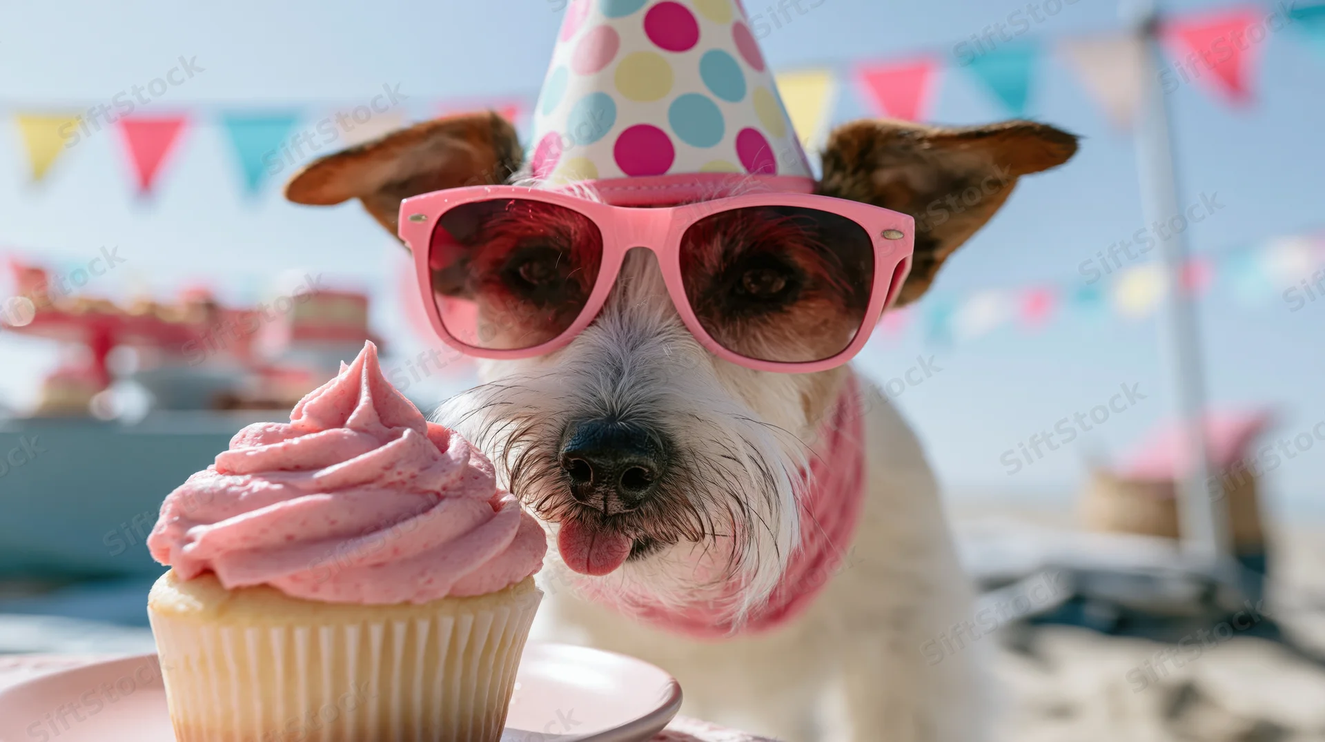 Small terrier mix wearing pink sunglasses and a polka-dot party hat, tongue out, beside a pink-frosted cupcake on a beach with colorful bunting in the background