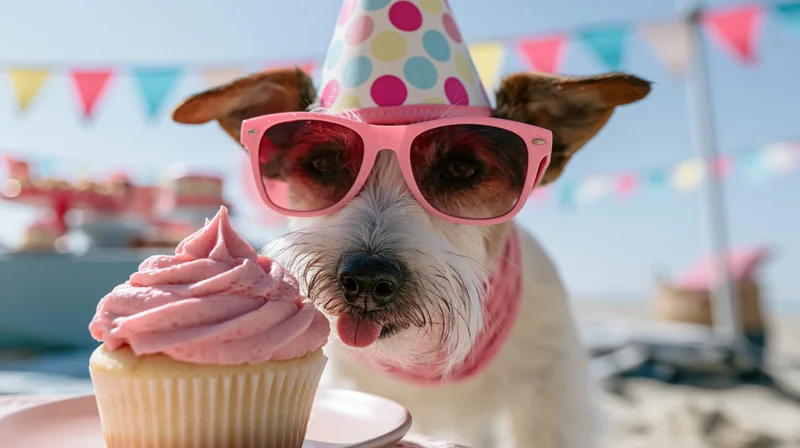 Small terrier mix wearing pink sunglasses and a polka-dot party hat, tongue out, beside a pink-frosted cupcake on a beach with colorful bunting in the background