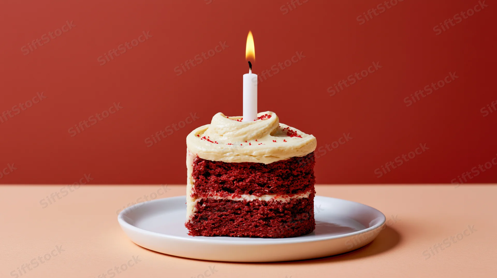 Slice of red velvet cake with cream cheese frosting and lit candle on white plate against terracotta background