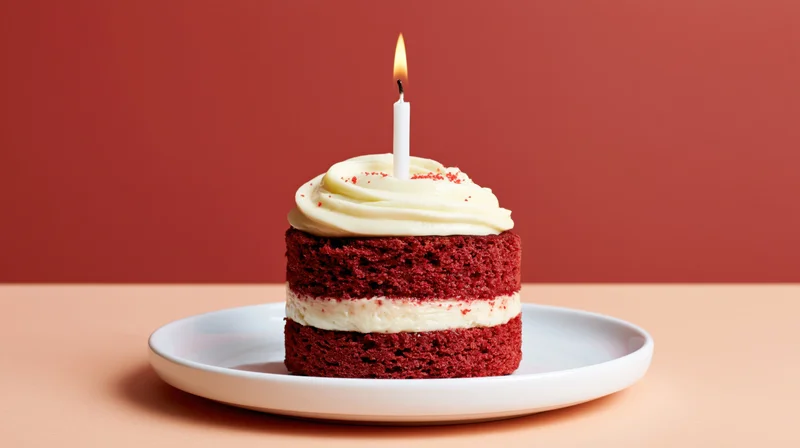 Small two-layer red velvet cake with cream cheese frosting and a lit candle on a white plate against a red background