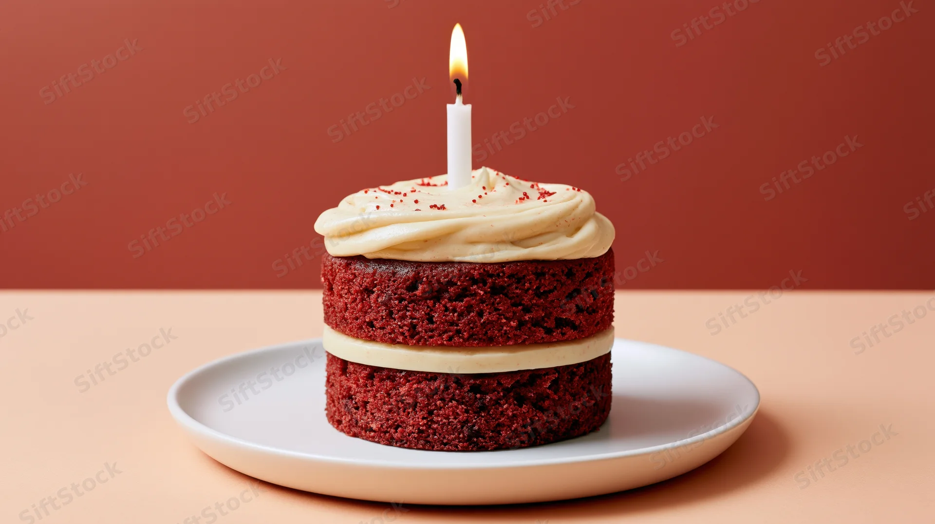 Small two-layer red velvet cake with cream cheese frosting and one lit candle on a white plate against a warm terracotta background