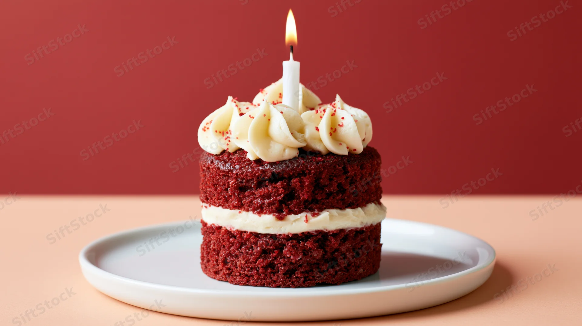 Small two-layer red velvet cake with cream cheese frosting and one lit candle on a white plate against a red background