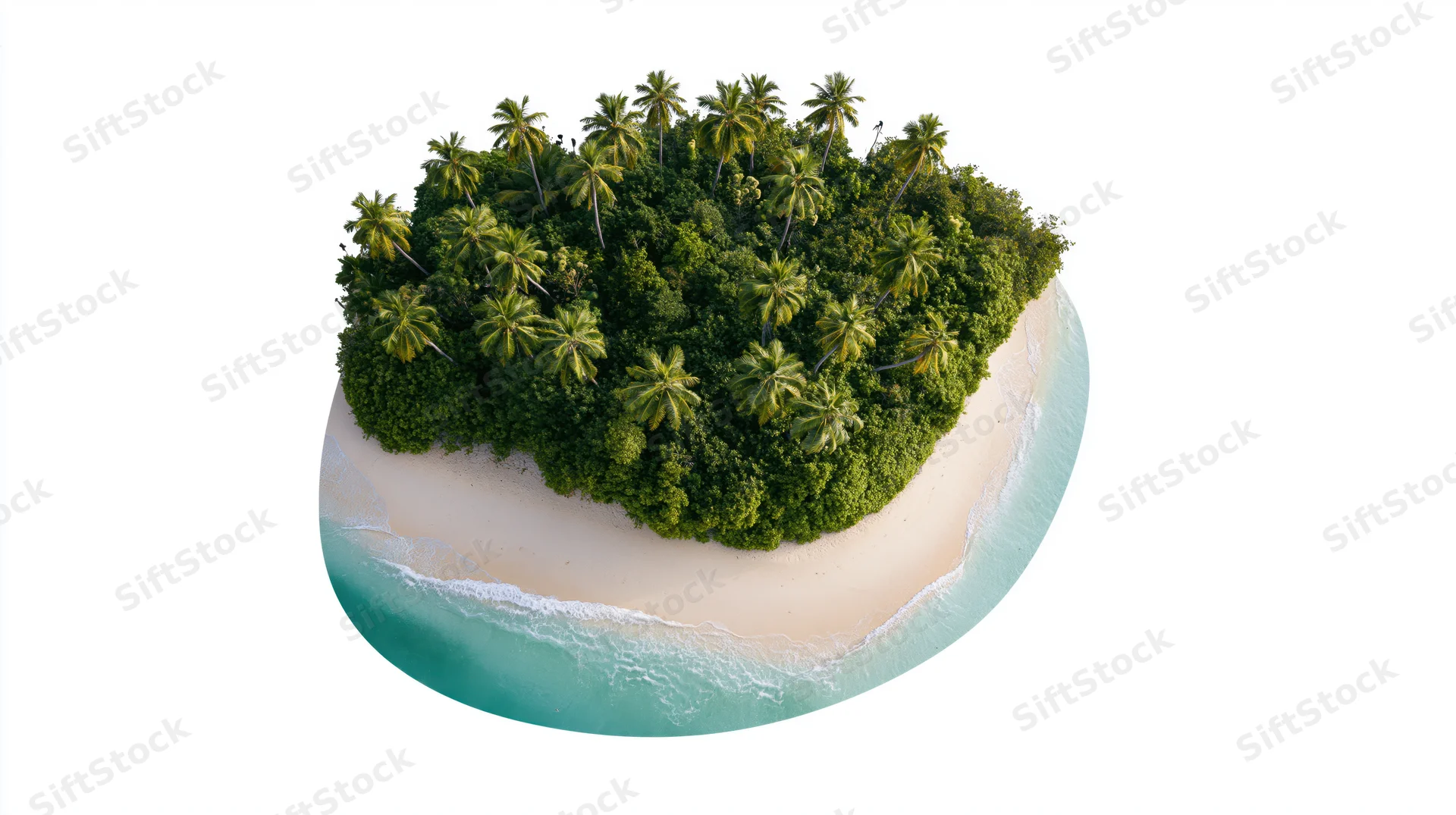 Aerial view of a small uninhabited tropical island with palm trees and white sand beach surrounded by turquoise ocean