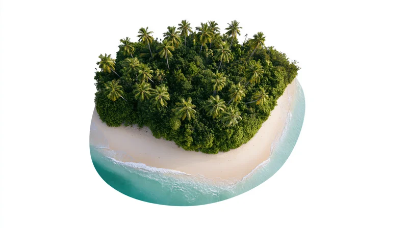 Aerial view of a small uninhabited tropical island with palm trees and white sand beach surrounded by turquoise ocean
