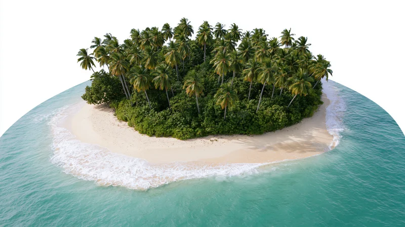 Low aerial view of a small uninhabited tropical island with palm trees and white sand beach surrounded by turquoise ocean