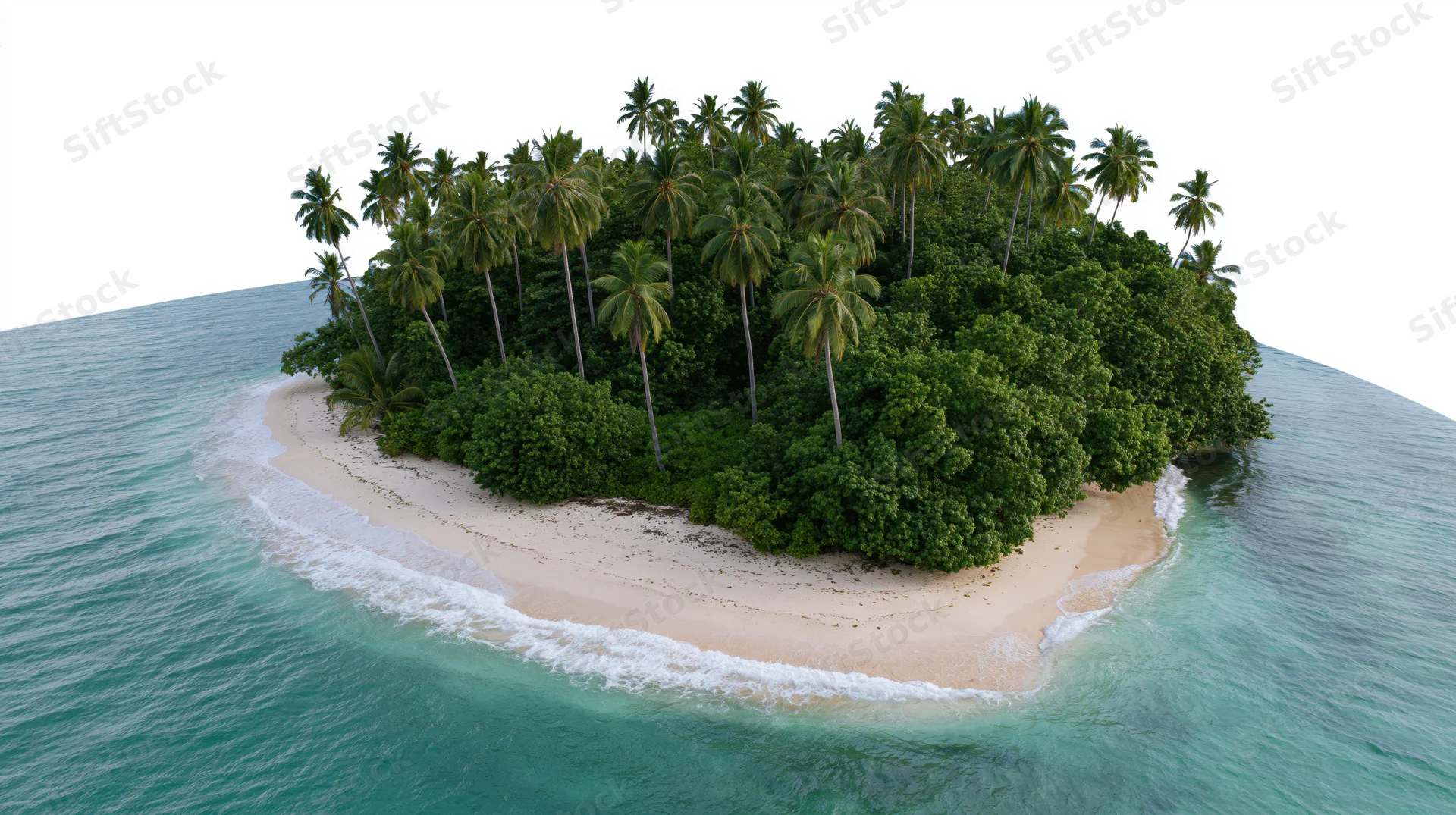 Low aerial view of a small uninhabited tropical island with palm trees and sandy beach surrounded by turquoise ocean