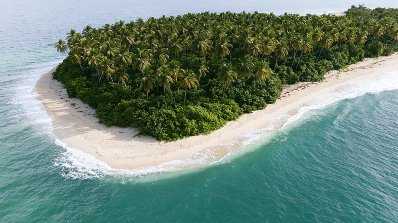 Aerial view of small uninhabited tropical island with palm trees and sandy beach surrounded by ocean
