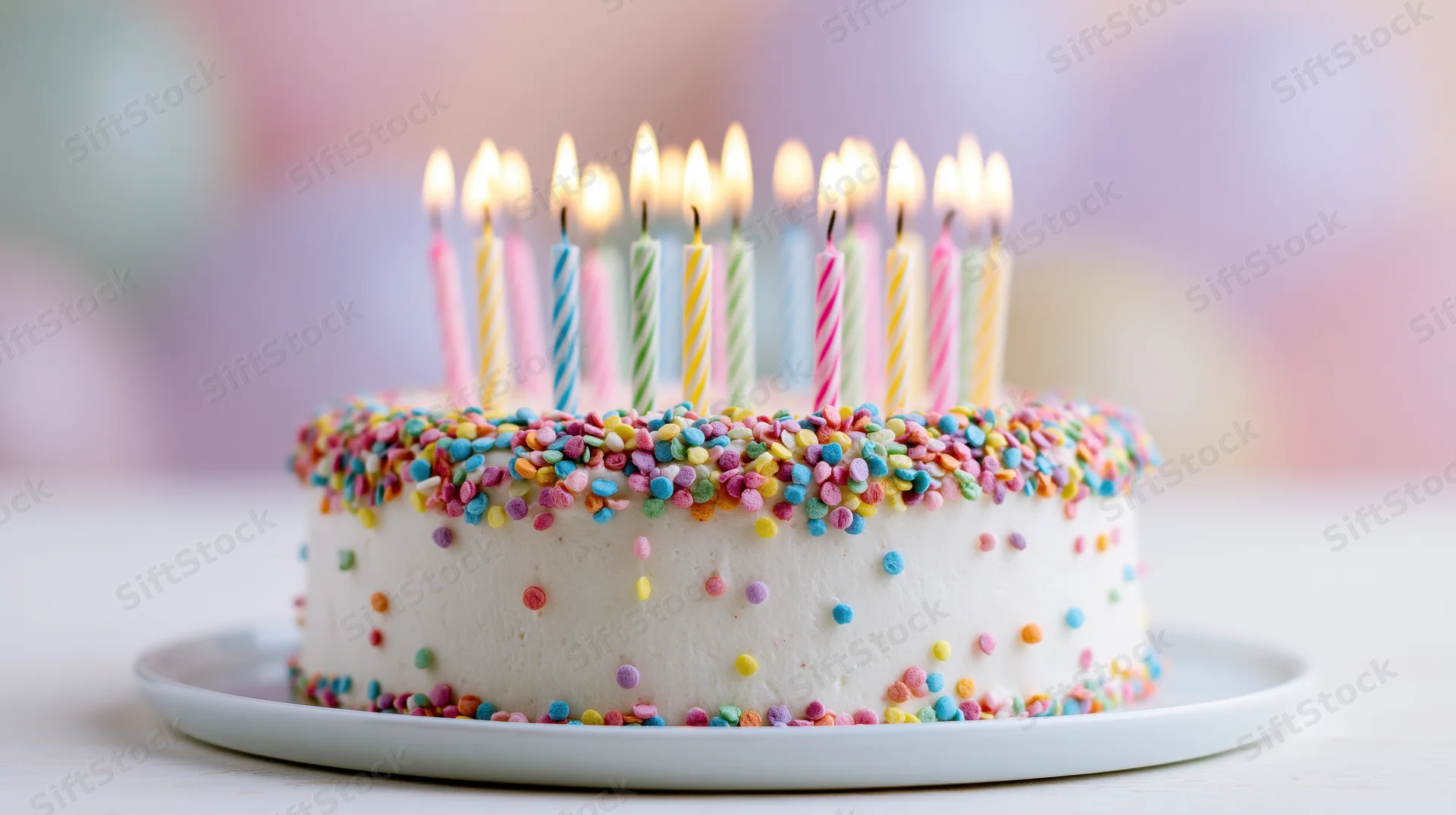 White birthday cake with lit candles and colorful sprinkles on a plate
