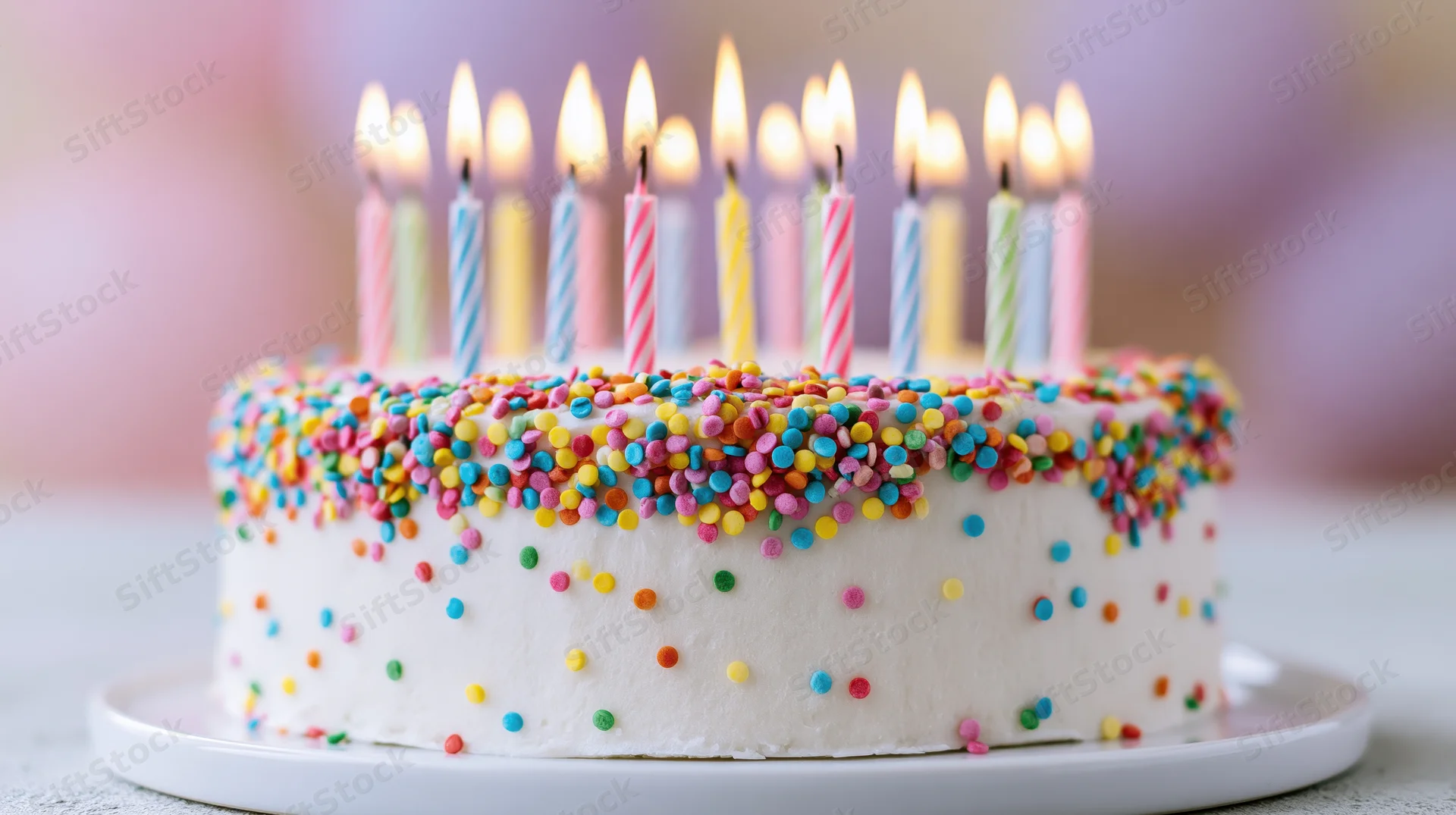 White birthday cake with lit candles and colorful sprinkles on a plate