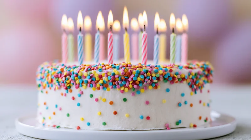 White birthday cake with lit candles and colorful sprinkles on a plate