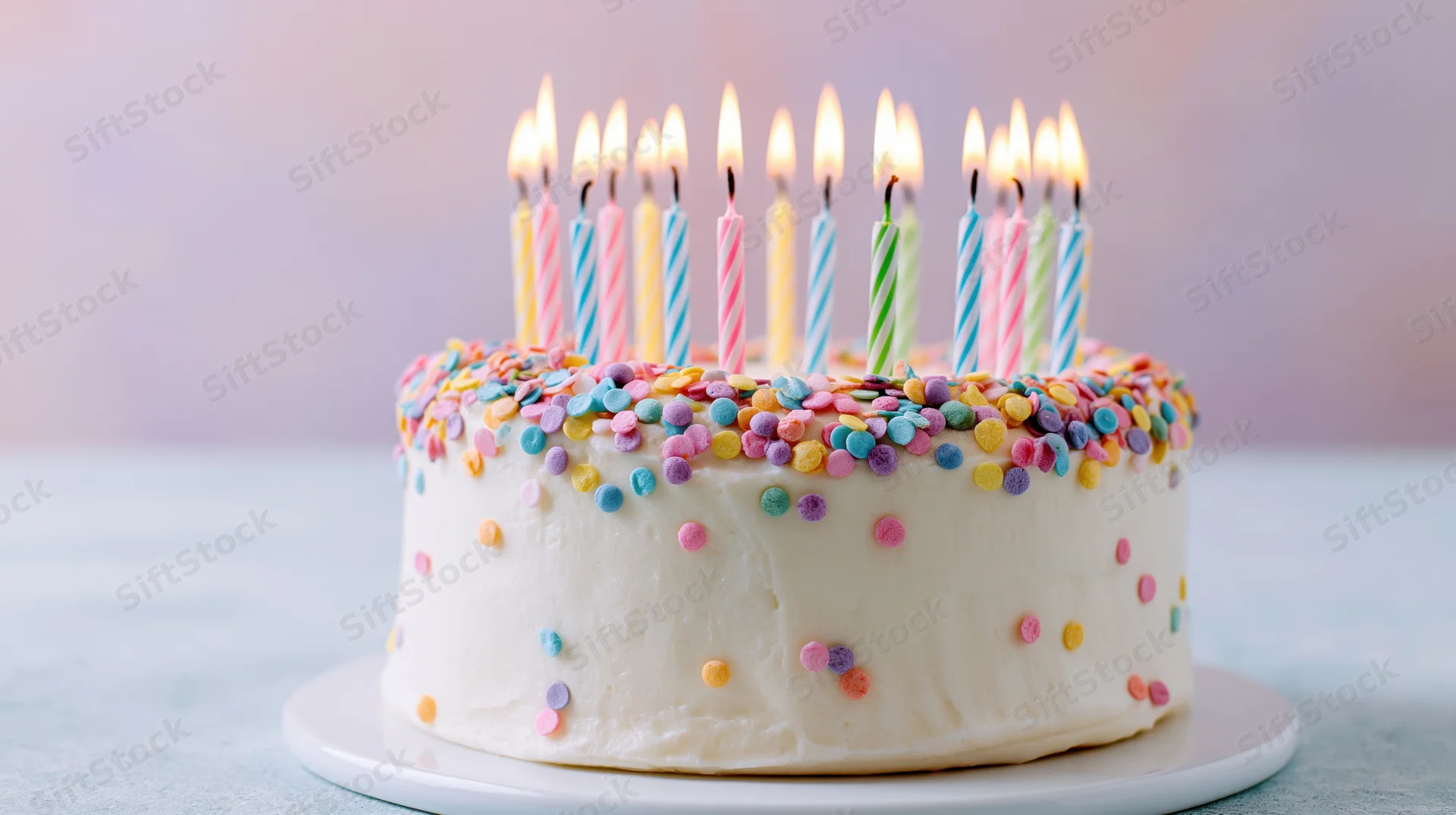 White birthday cake with lit candles and colorful sprinkles on a plate