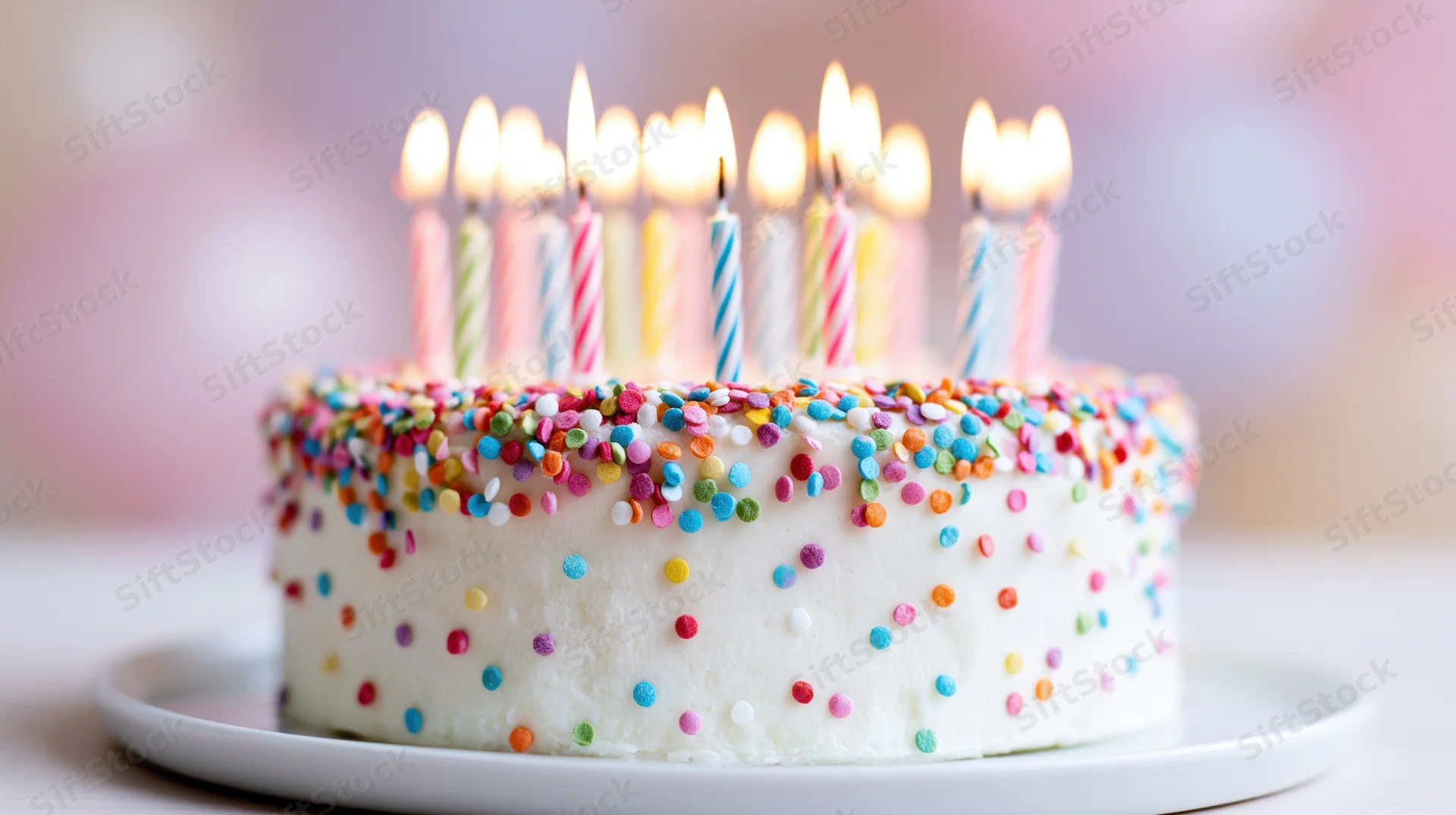 White birthday cake with lit candles and colorful sprinkles on a plate