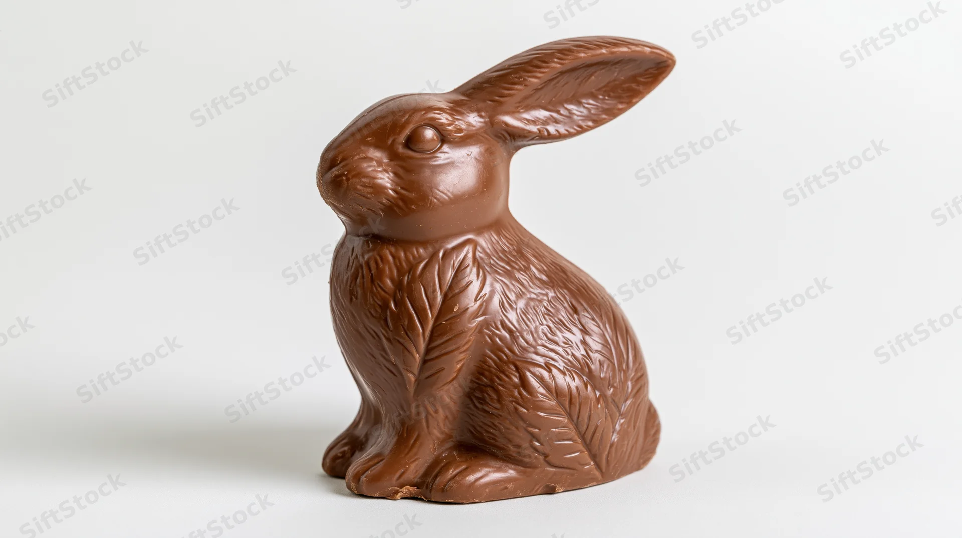 Milk chocolate easter bunny figurine sitting upright on white background