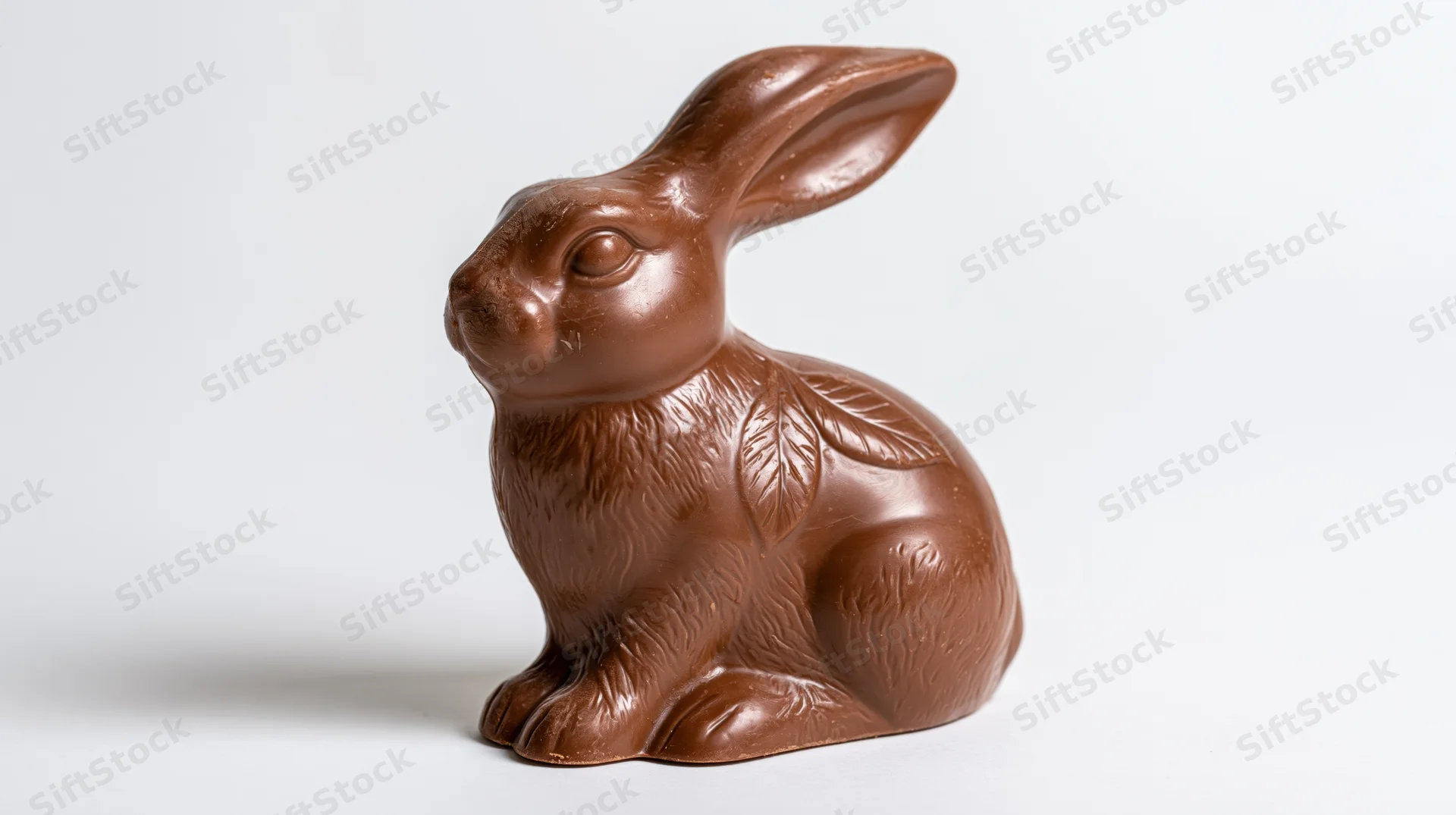Milk chocolate easter bunny figurine sitting upright on white background