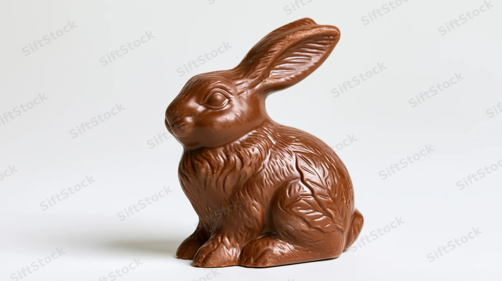 Milk chocolate easter bunny figurine sitting upright on white background