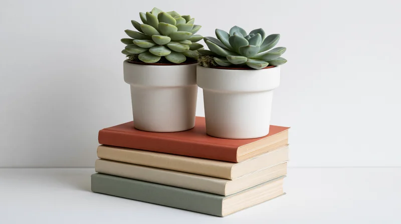 Two succulents in white ceramic pots resting on a stack of four books in muted terracotta, cream and sage tones on a white surface
