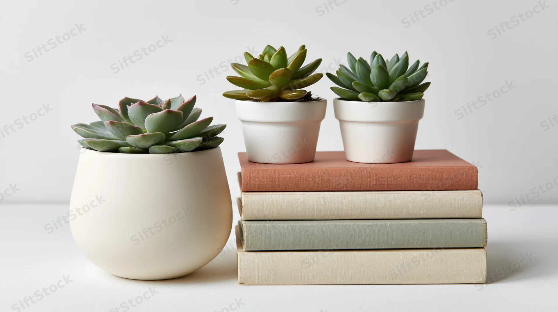 Three potted succulents arranged beside a stack of four books in muted terracotta, cream and sage tones on a white surface