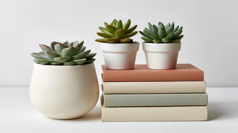 Three potted succulents arranged beside a stack of four books in muted terracotta, cream and sage tones on a white surface