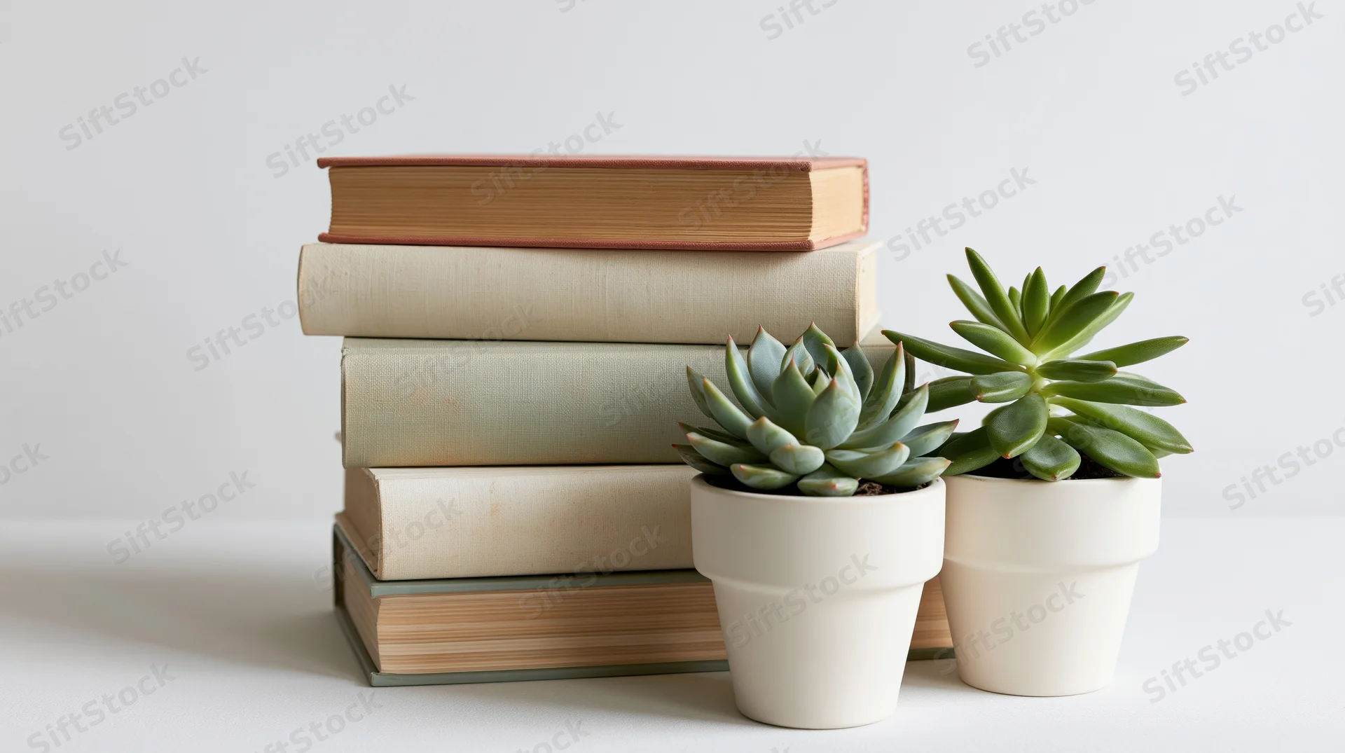 Stack of books in muted terracotta cream and sage tones with two potted succulents on white surface