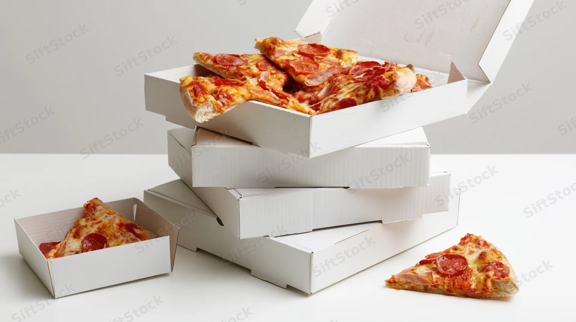Stack of white cardboard pizza boxes with pepperoni slices on a white surface
