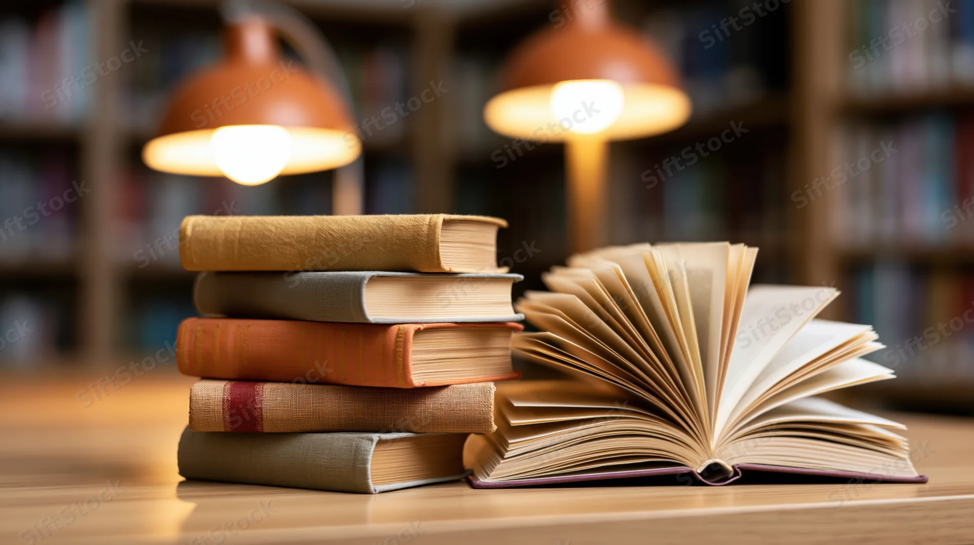Stack of hardcover books beside an open book on a wooden desk in a library with warm lamps and bookshelves in the background