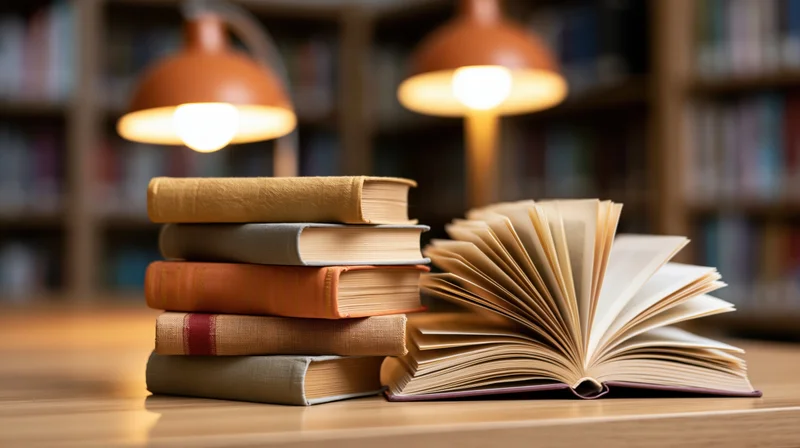 Stack of hardcover books beside an open book on a wooden desk in a library with warm lamps and bookshelves in the background