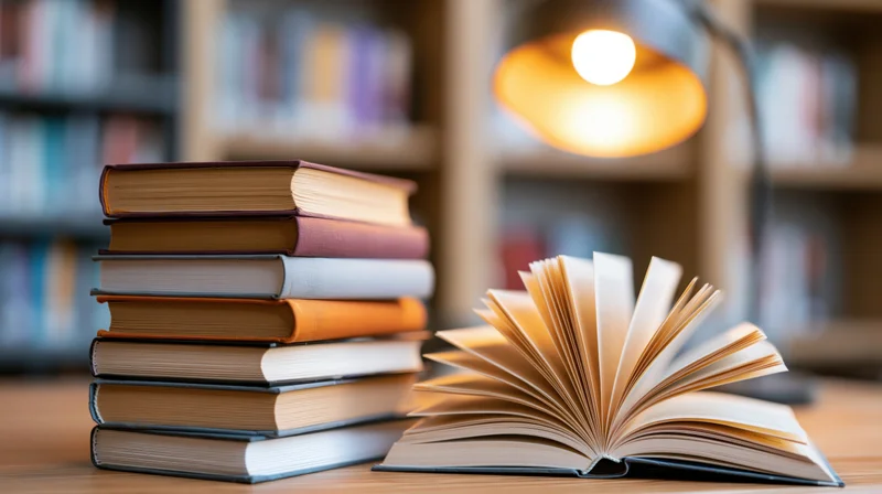 Stack of hardcover books beside an open book on a wooden desk under warm lamp light in a library setting