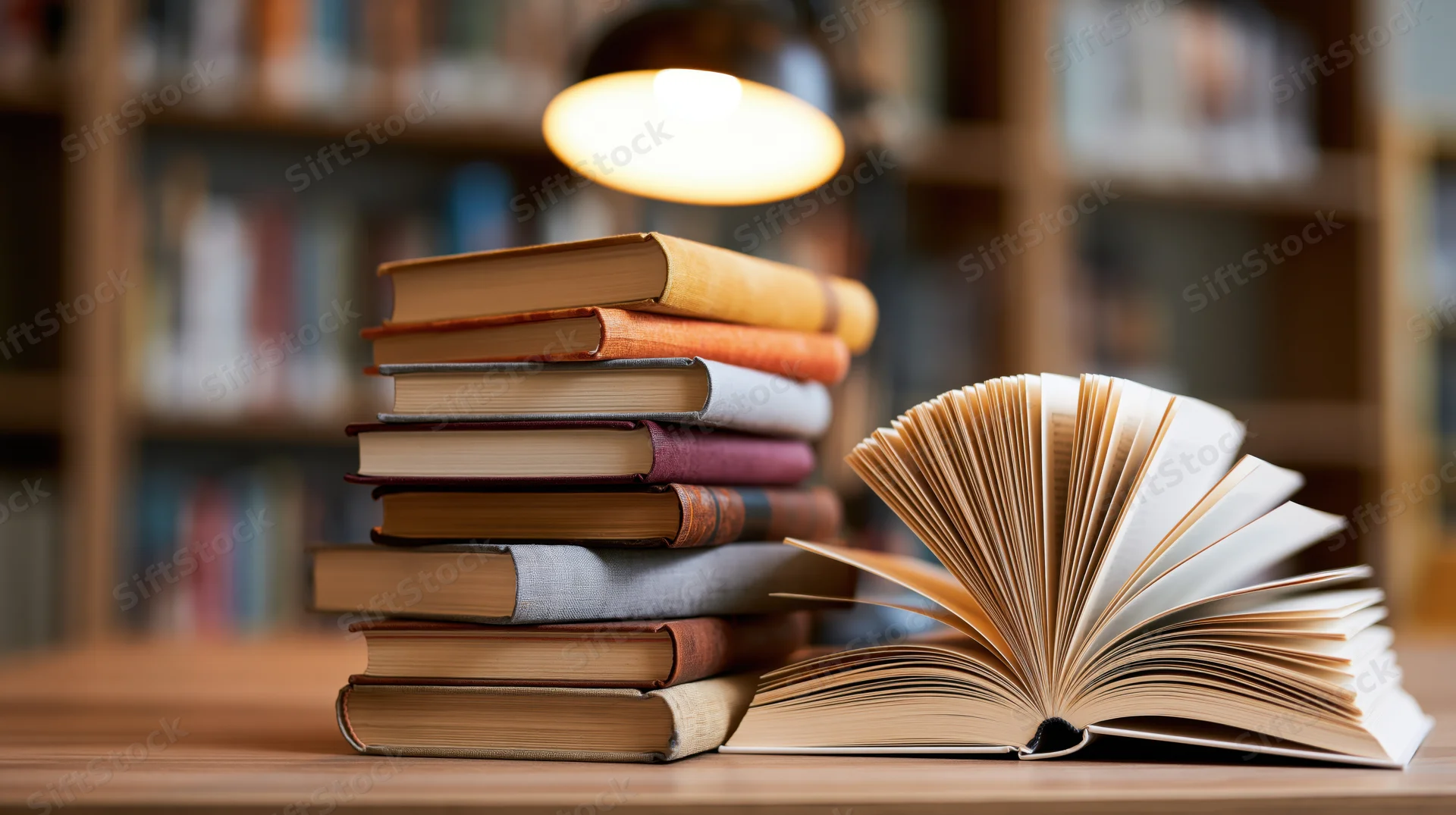 Stack of hardcover books beside an open book on a wooden desk under a warm lamp in a library setting