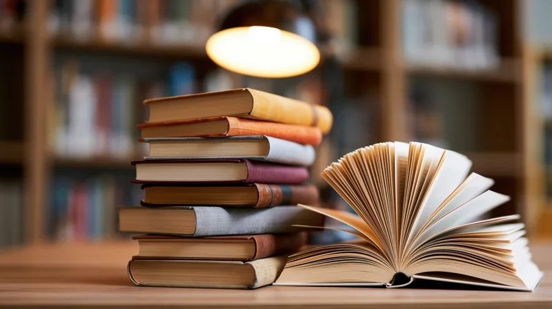 Stack of hardcover books beside an open book on a wooden desk under a warm lamp in a library setting