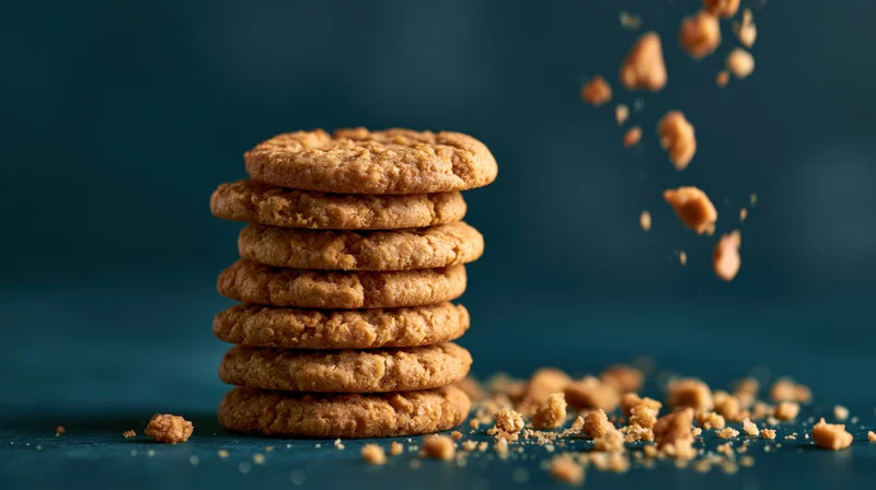Stack of six peanut butter cookies piled vertically on dark blue surface with crumbs falling and scattered around