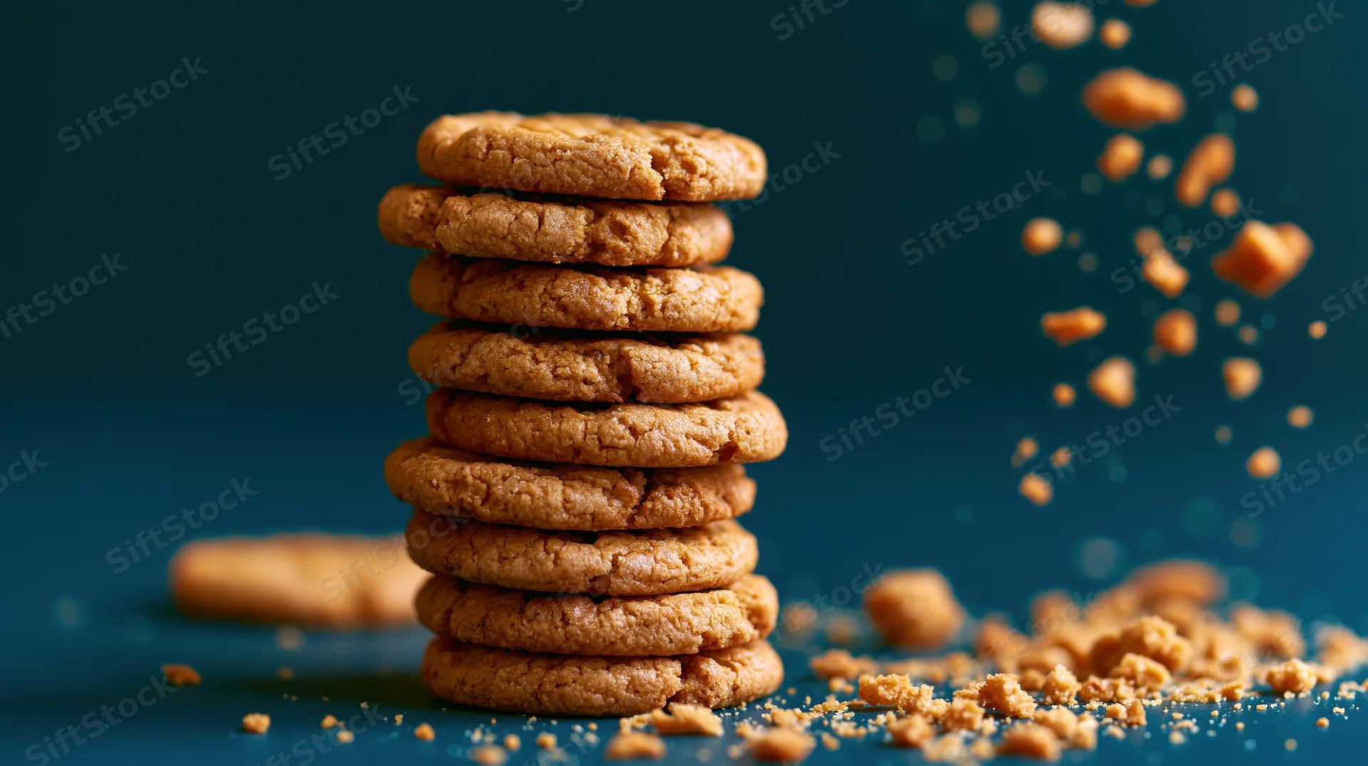 Stack of peanut butter cookies with crumbs falling and scattered on dark blue surface