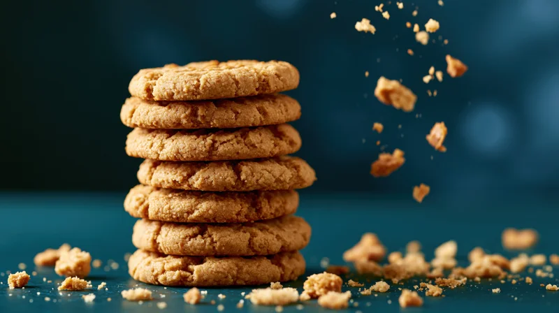 Stack of six peanut butter cookies piled vertically on dark surface with crumbs falling and scattered around