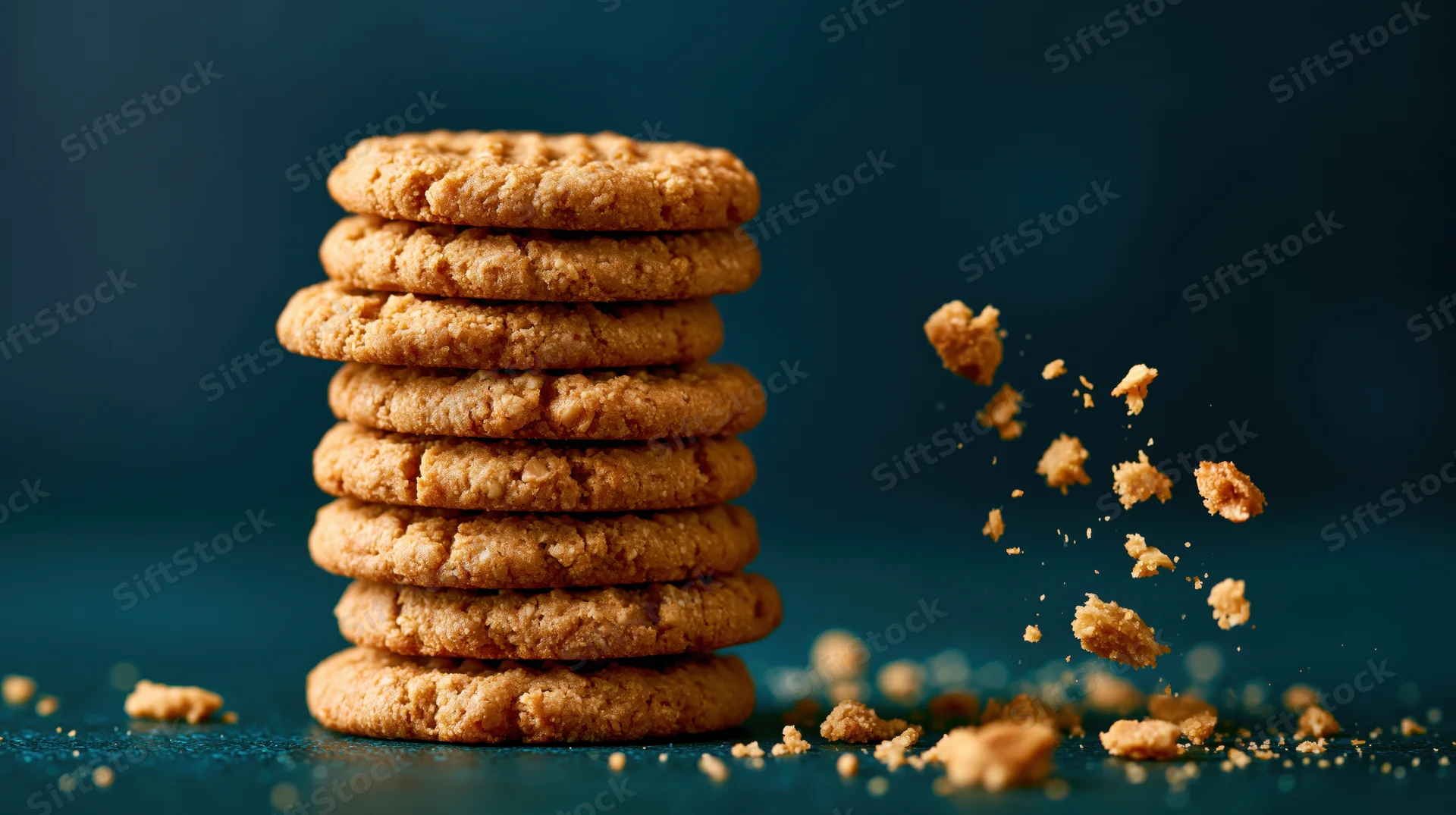 Stack of peanut butter cookies piled vertically with crumbs falling beside on dark surface