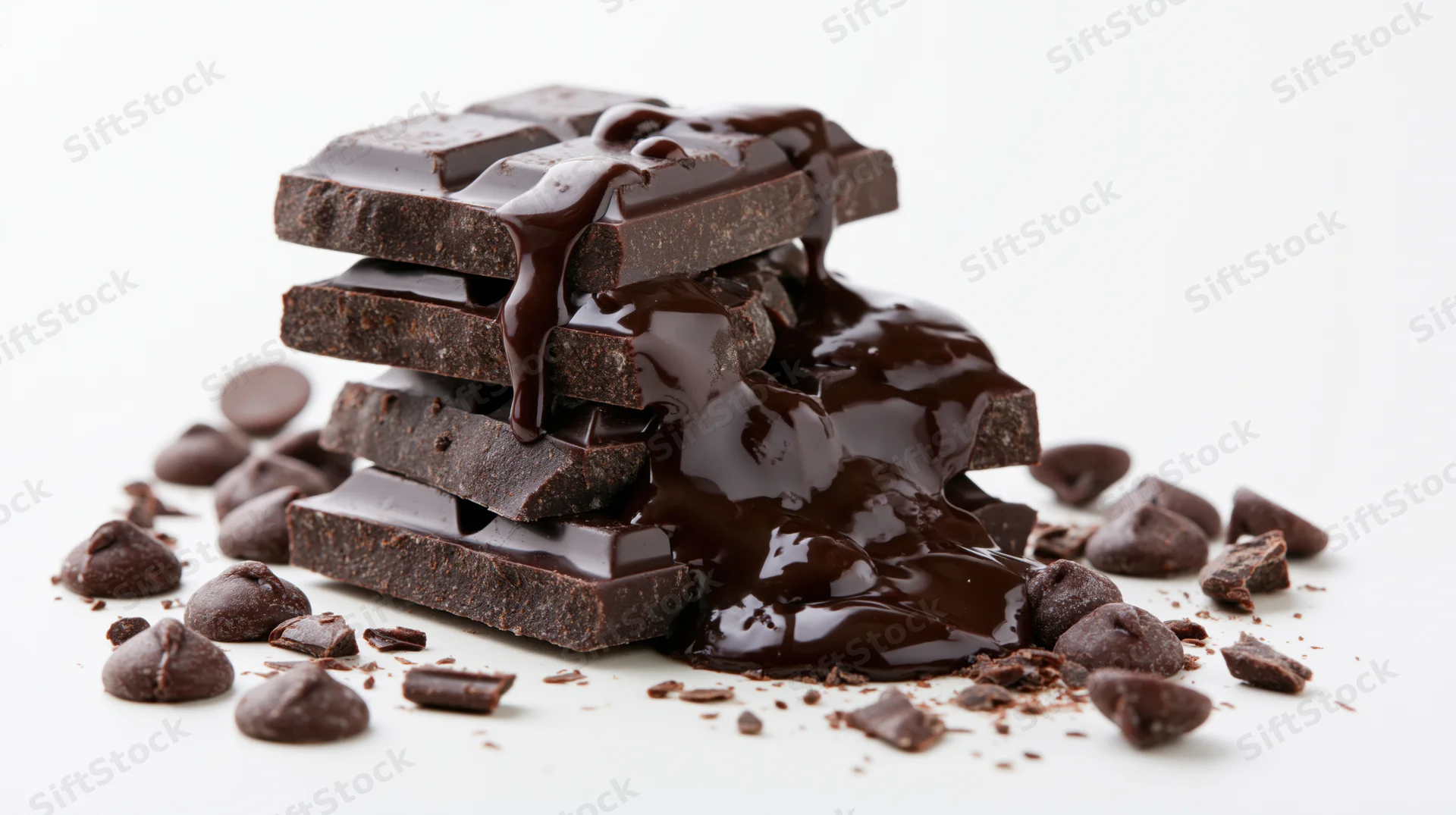 Stack of broken dark chocolate bars with melted chocolate flowing over them on white background