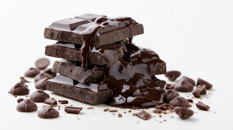 Stack of broken dark chocolate bars with melted chocolate flowing over them on white background