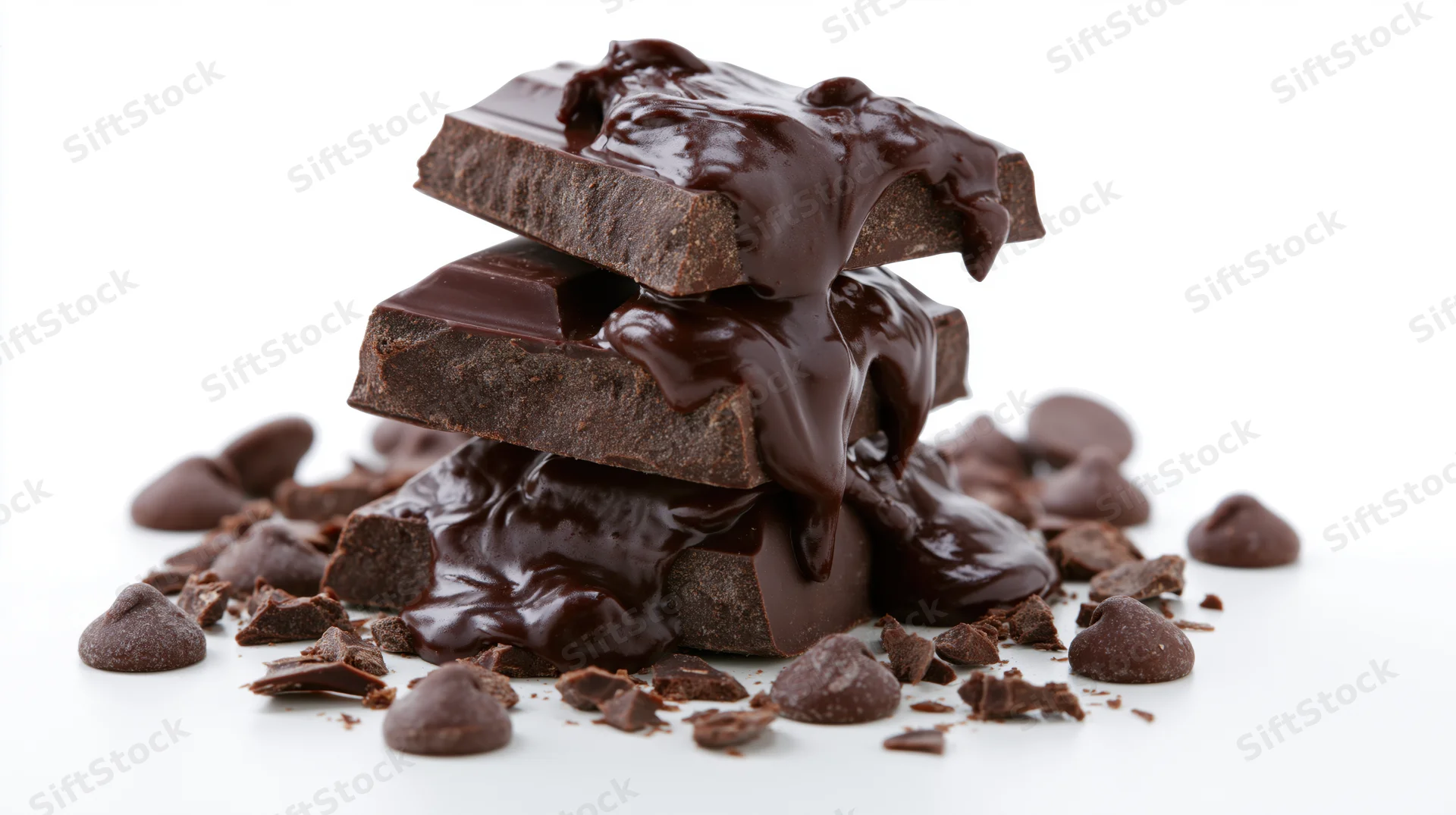 Stack of broken dark chocolate bar pieces with melted chocolate dripping over them on white background