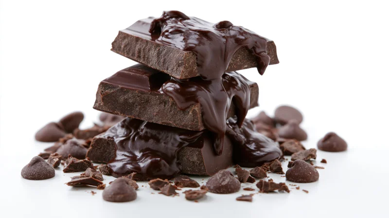 Stack of broken dark chocolate bar pieces with melted chocolate dripping over them on white background