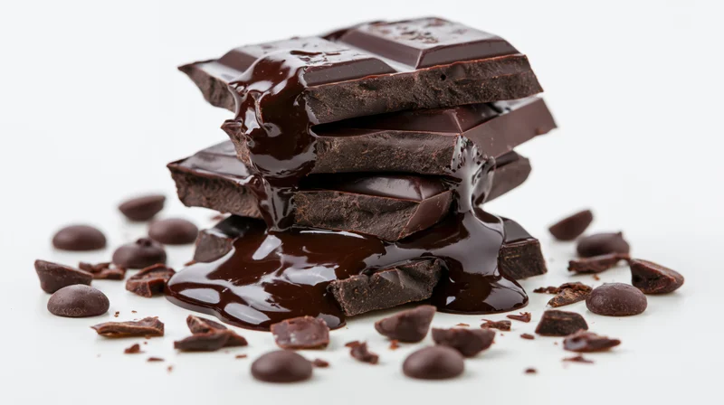 Stack of broken dark chocolate bar pieces with melted chocolate flowing around on white background