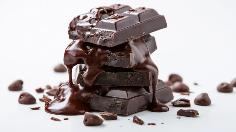 Stack of broken dark chocolate bars with melted chocolate dripping onto white surface