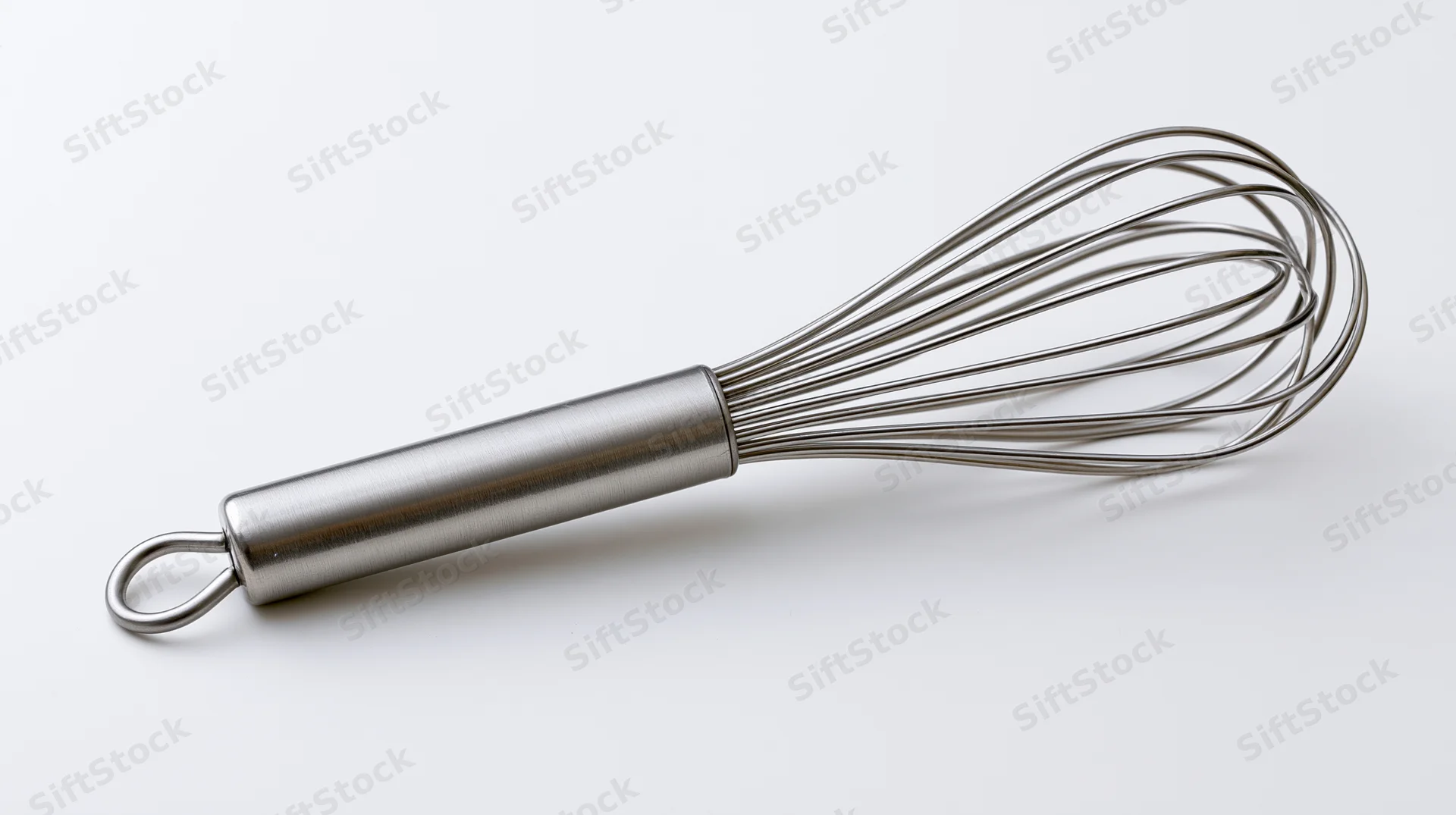 Stainless steel whisk lying diagonally on white background