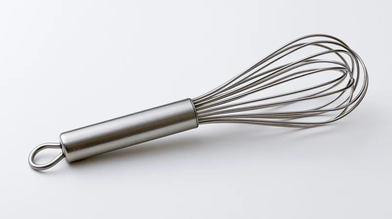Stainless steel whisk lying diagonally on white background