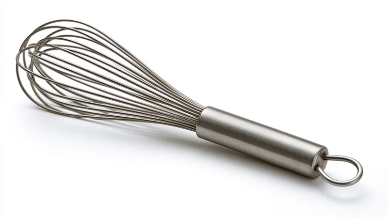Stainless steel whisk lying diagonally on white background
