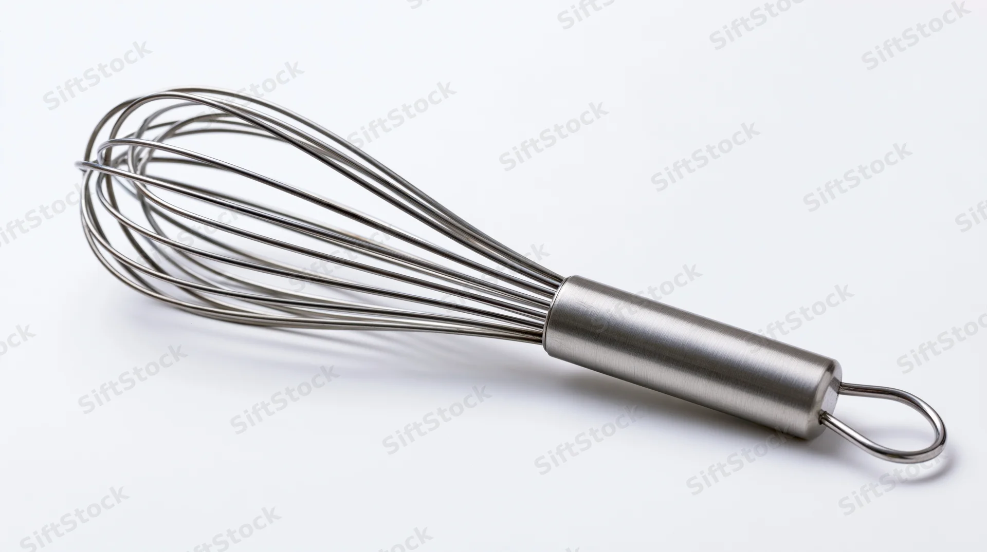 Stainless steel whisk lying diagonally on white background