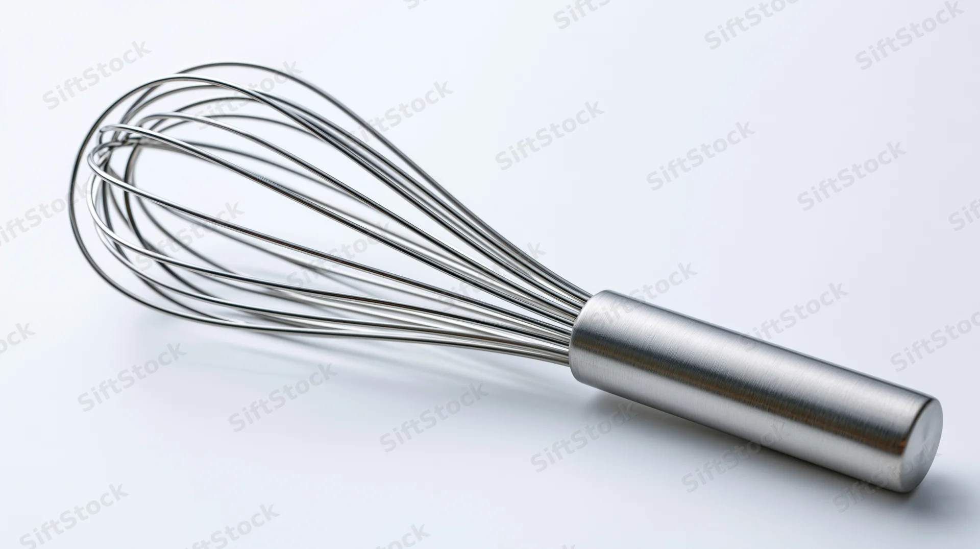Stainless steel balloon whisk lying diagonally on white background