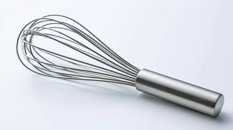 Stainless steel balloon whisk lying diagonally on white background